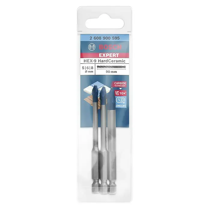 Bosch Expert Set de brocas HEX-9 HardCeramic - Diámetro de la broca: 8 mm - Paquete de brocas Bosch EXPERT HEX-9 HardCeramic, ideales para taladrar baldosas de cerámica. El juego incluye brocas de tamaños 5, 6 y 8 mm.