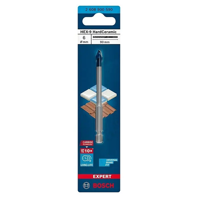 Bosch Professional Expert Broca para baldosas HEX-9 HardCeramic - 1 ud., Diámetro de la broca: 6 mm - Primer plano de una broca HEX-9 HardCeramic, ideal para perforar materiales cerámicos duros.