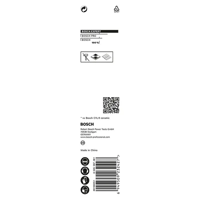 Bosch Professional Expert Broca para baldosas HEX-9 HardCeramic - 1 ud., Diámetro de la broca: 6 mm - Imagen del embalaje de un producto Bosch Expert que muestra información de reciclaje, código QR y precauciones de seguridad.