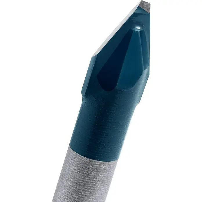 Bosch Professional Expert Broca para baldosas HEX-9 HardCeramic - 1 ud., Diámetro de la broca: 6 mm - Primer plano de una broca para vidrio con punta azul y mango plateado, utilizada para hacer agujeros en vidrio.