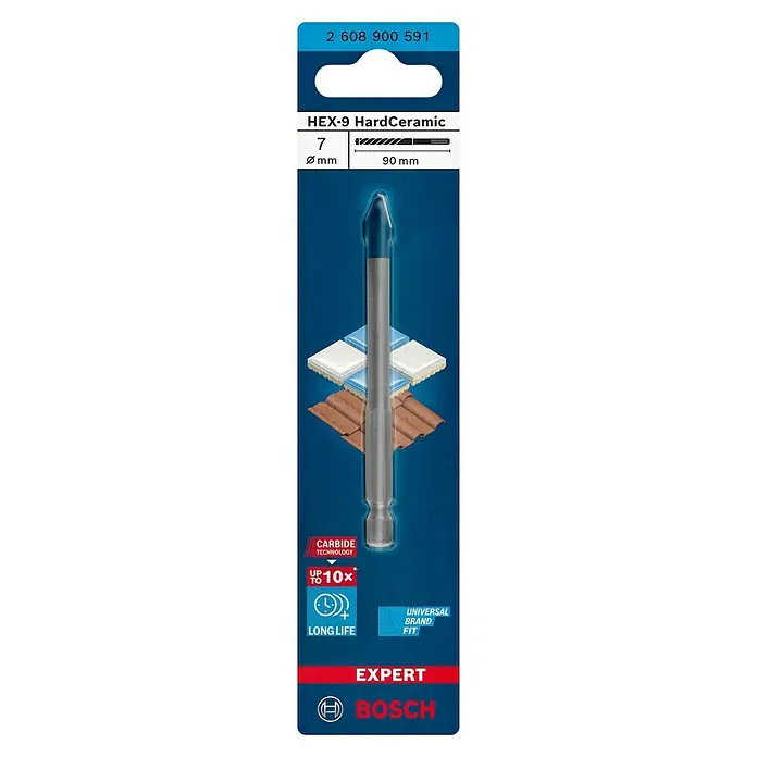 Bosch Expert Fresa para azulejos HEX-9 HardCeramic - Diámetro de la broca: 7 mm - Imagen de la broca Bosch HEX-9 HardCeramic, ideal para taladrar azulejos y cerámica, 7 mm de diámetro, 90 mm de longitud.