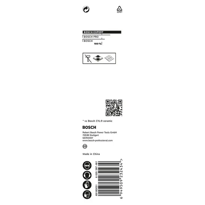 Bosch Expert Fresa para azulejos HEX-9 HardCeramic - Diámetro de la broca: 7 mm - Embalaje del producto de Bosch Expert con información sobre material, fabricante e instrucciones de seguridad.