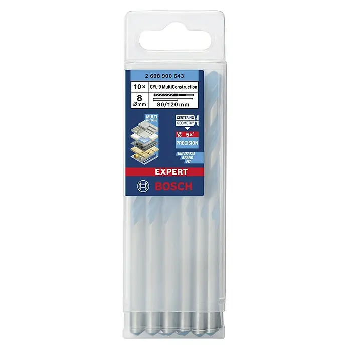 Bosch Expert Broca universal CYL-9 MultiConstruction - 10 ud., Diámetro de la broca: 8 mm, Longitud de trabajo: 80 mm - Paquete de brocas Bosch EXPERT CYL-9 MultiConstruction, 10 unidades, 8 mm de diámetro, aptas para diversos materiales.
