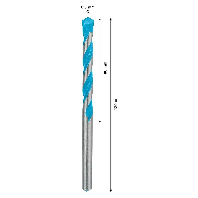 Bosch Broca universal CYL-9 MultiConstruction - 1 ud., Diámetro de la broca: 8 mm, Longitud de trabajo: 80 mm - Imagen de una broca para mampostería de 8,0 mm con una longitud de espiral de 80 mm y una longitud total de 120 mm.