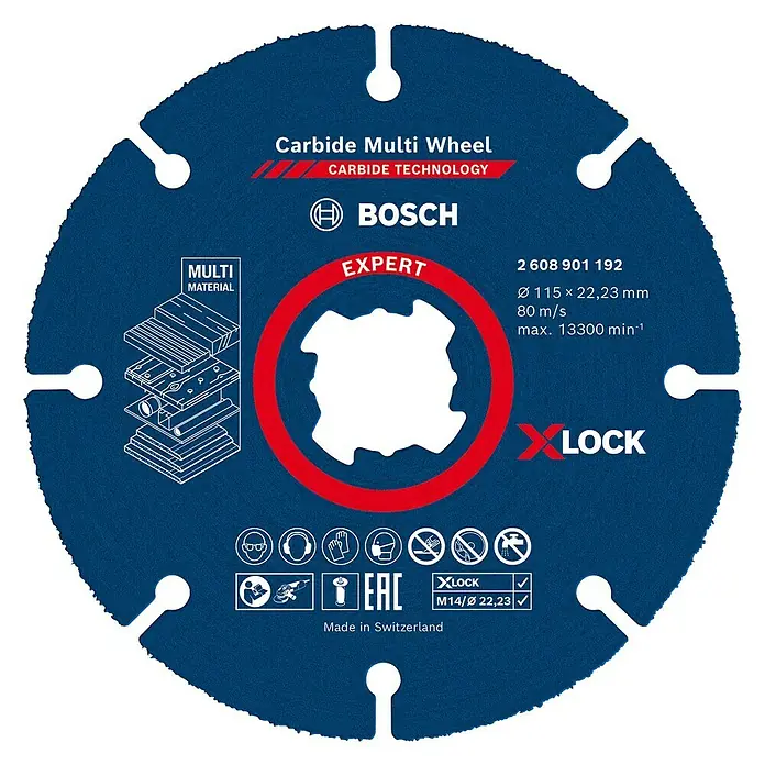 Bosch Professional X-Lock Juego de discos de corte - Diámetro: 115 mm, 2 pzs. - Imagen de un disco de corte Bosch Carbide Multi Wheel con Carbide Technology para diversos materiales, montaje X-LOCK y fabricación suiza.