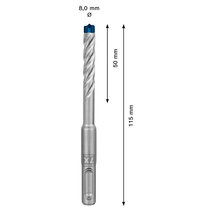Bosch Expert Broca para hormigón y mampostería -7X - 1 ud., Diámetro de la broca: 8 mm, 115 mm - Imagen de una broca para martillo Bosch Expert 7X con dimensiones (8,0 mm de diámetro, 50 mm de longitud de espiral, 115 mm de longitud total).