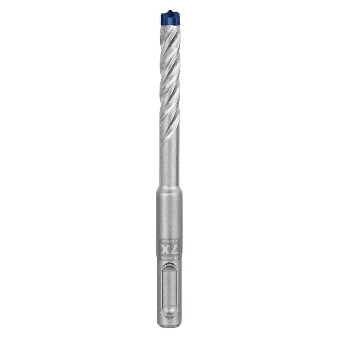 Bosch Expert Broca para hormigón y mampostería -7X - 1 ud., Diámetro de la broca: 8 mm, 115 mm - Primer plano de una broca para martillo Bosch Expert SDS plus-7X, con eje en espiral y punta azul para una perforación eficiente.