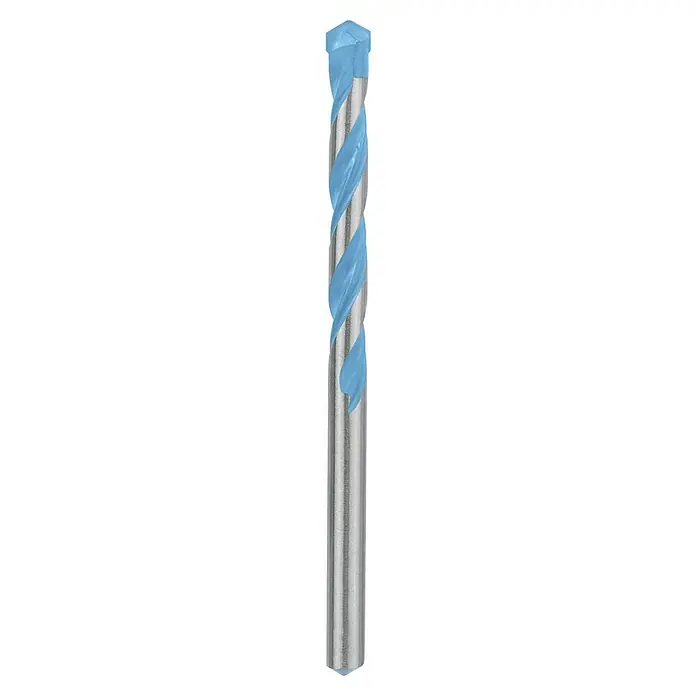 Bosch Broca universal CYL-9 MultiConstruction - 1 ud., Diámetro de la broca: 8 mm, Longitud de trabajo: 80 mm - Primer plano de una fresa de extremo con filos de corte azules, ideal para el procesamiento preciso de materiales y trabajos de fresado detallados.