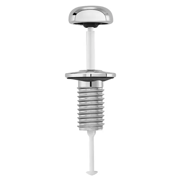 Roca Botón tirador D4T - Altura: 45 mm, Cromo, Plástico - La imagen muestra un botón de descarga del inodoro cromado brillante con un actuador blanco. Una adición ideal para baños modernos.