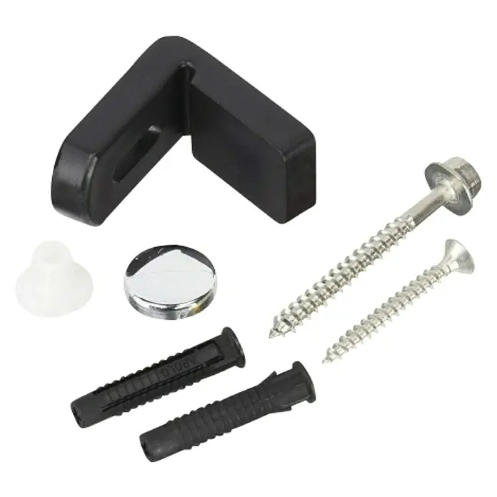 Roca Kit de fijación para taza de inodoro - Poliestireno, Apto para: Montaje en WC - Primer plano de un soporte de esquina negro, dos tornillos, tacos, una tapa blanca y una cubierta plateada, probablemente para montaje de muebles.