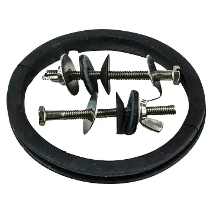 Roca Kit de fijación para tanque y taza - Acero inoxidable, Apto para: Montaje en WC - Primer plano de pernos de inodoro y anillo de cera para fontanería, esencial para reparaciones e instalaciones de baño.
