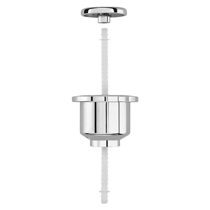 Roca Pulsador corto enrasado D1P y D2P - Altura: 45 mm, Cromo - Imagen de una bisagra de asiento de inodoro cromada con dos varillas de plástico blanco sobre un fondo negro.