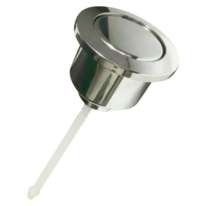 Roca Pulsador corto enrasado D1P y D2P - Altura: 45 mm, Cromo - Primer plano de un botón de descarga de inodoro redondo y brillante con una varilla de accionamiento blanca y larga.