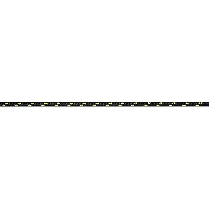 Seilflechter Cuerda de amarre a metros - Diámetro: 4 mm, Poliéster, Amarillo/Negro - Primer plano de una cuerda negra con detalles amarillos, que se extiende horizontalmente por el marco. Una cuerda robusta y llamativa.