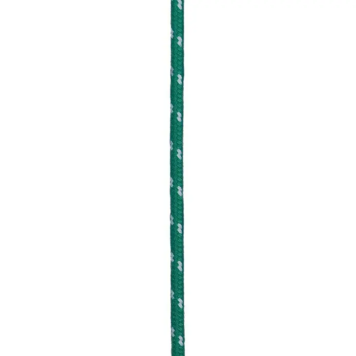 Seilflechter Cuerda de amarre a metros - Diámetro: 6 mm, Poliéster, Verde - Detalle de un cordón trenzado verde con acentos blancos, ideal para manualidades o como accesorio de moda. Producto duradero y versátil.