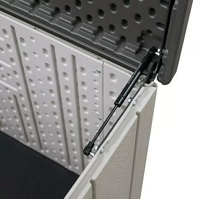 Lifetime Auflagenbox - 72 x 151 x 69 cm, Kunststoff, Lichtgrau - Innenansicht einer beigefarbenen und dunkelgrauen Kunststoff-Aufbewahrungsbox mit Gasfeder-Mechanismus für den Deckel.