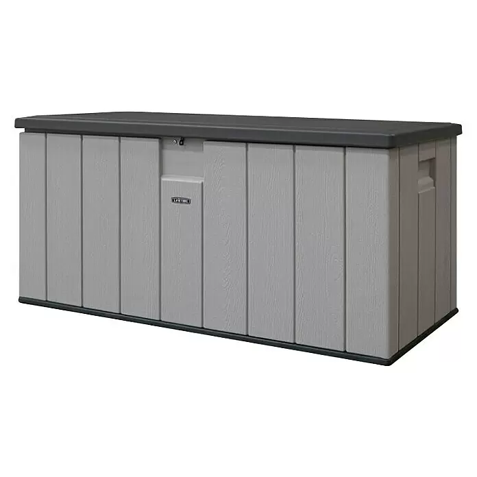 Lifetime Auflagenbox - 72 x 151 x 69 cm, Kunststoff, Lichtgrau - Hellgraue Kunststoff-Outdoor-Aufbewahrungsbox mit dunkelgrauem Deckel und Holzmaserung.
