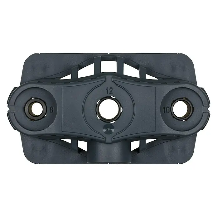 Wolfcraft Bohrhilfe - Lochdurchmesser: 35 mm - 12 mm - Das graue Kunststoffprodukt zeigt Löcher mit den Nummern 8, 10 und 12, die seine multifunktionale Konstruktion betonen.