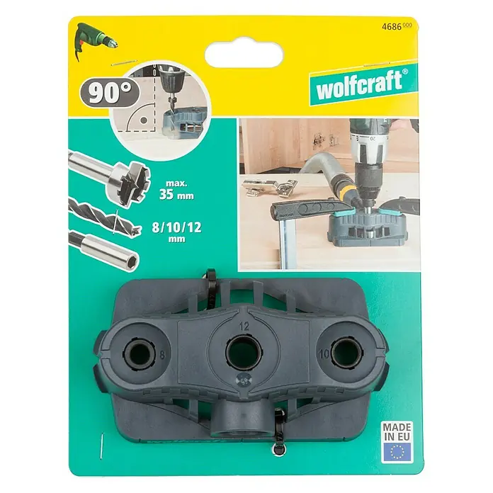 Wolfcraft Bohrhilfe - Lochdurchmesser: 35 mm - 12 mm - Das Wolfcraft Bohrschablonen-Set für präzise Bohrungen im 90°-Winkel, inklusive Bohrführungen in verschiedenen Größen für vielseitige Anwendungen.