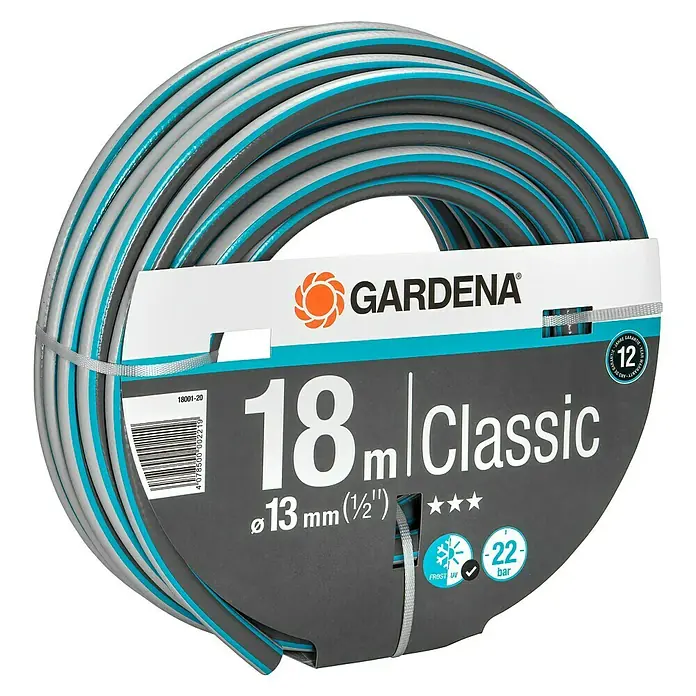 Gardena Classic Manguera - Largo: 18 m, Diámetro tubo flexible: 13 mm - Manguera de jardín GARDENA Classic, de 18 m de longitud y 13 mm de diámetro. Ideal para el riego del jardín, con protección UV y contra las heladas. Resistente a la presión hasta 22 bares.