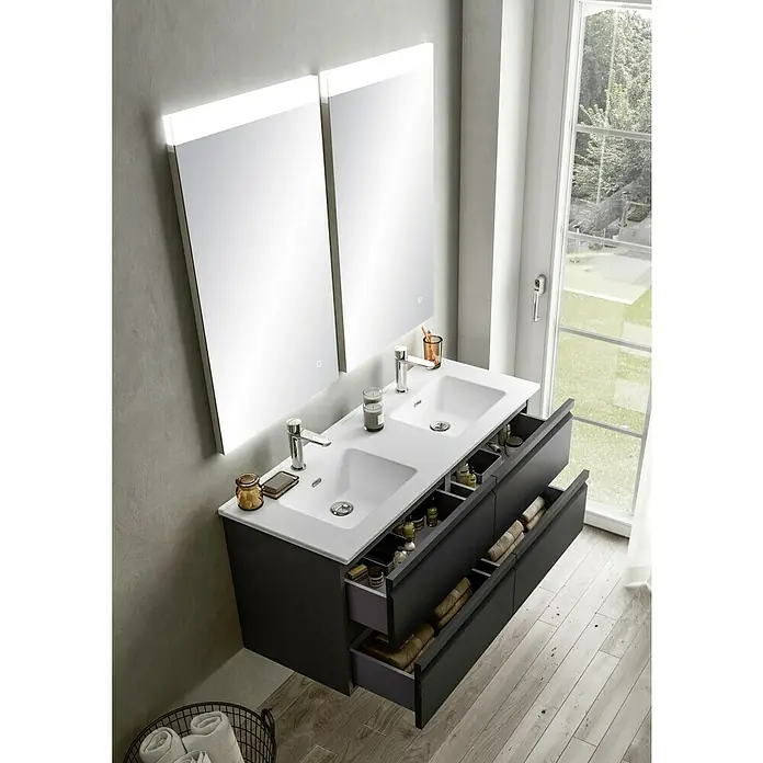 Camargue Pull Aufsatzwaschbecken - 121 x 46,5 cm, Weiß - Modernes Badezimmer mit Doppelwaschtisch und offenem Schubladensystem zur stilvollen Aufbewahrung von Badutensilien. Elegante Spiegel mit Beleuchtung.