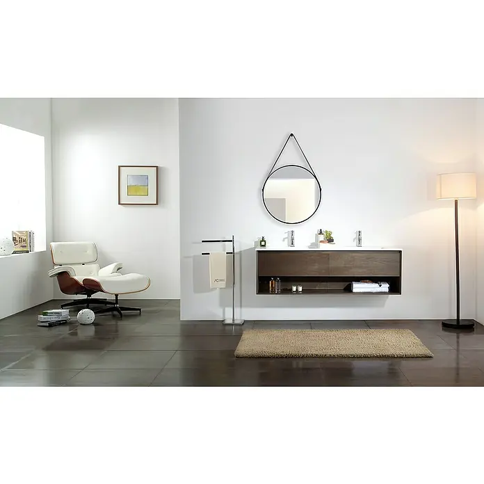 Aurlane Espejo con marco Black Belt - Diámetro: 60 cm, Negro - Baño con tocador moderno, espejo redondo e iluminación elegante para un ambiente relajante.