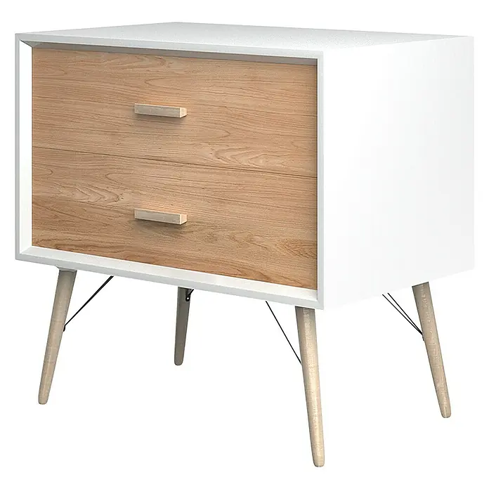 Aurlane Mueble bajo de lavabo Fjord - L x An x Al: 50 x 80 x 75 cm, Blanco/Madera - Mesita de noche con dos cajones estilo madera, estructura blanca y patas delicadas.