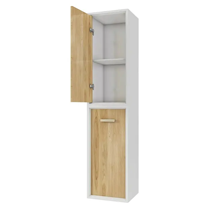 Aurlane Armario colgante de baño Fjord - L x An x Al: 25 x 35 x 150 cm, Blanco/Madera - La imagen muestra un armario de baño blanco y efecto madera con una puerta abierta y otra cerrada. Ideal para almacenamiento en baño.