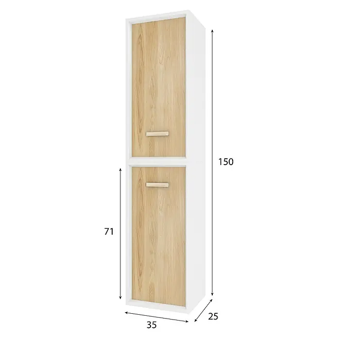 Aurlane Armario colgante de baño Fjord - L x An x Al: 25 x 35 x 150 cm, Blanco/Madera - Vista del producto del armario alto moderno en blanco y aspecto de madera, ideal para baños o espacios pequeños. Diseño práctico con almacenaje.