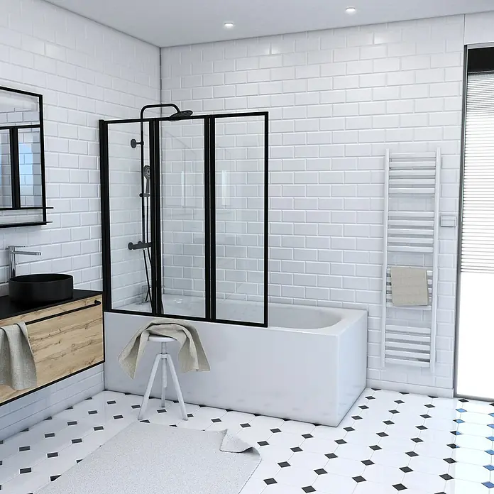 Aurlane Mampara para bañera Triple Black - An x Al: 125 x 143 cm, 3 ud., Negro - Baño moderno con una elegante combinación de bañera y ducha y accesorios elegantes.