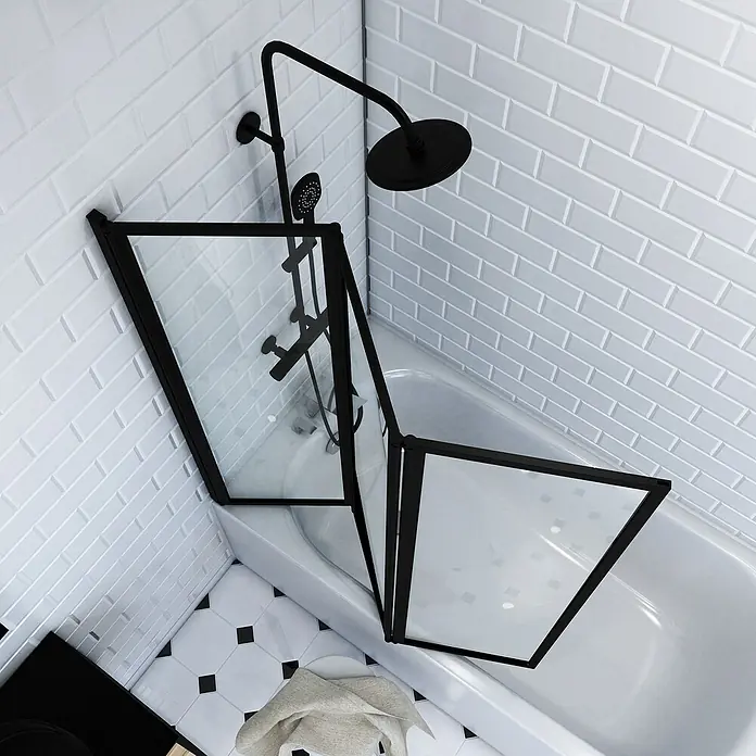 Aurlane Mampara para bañera Triple Black - An x Al: 125 x 143 cm, 3 ud., Negro - Baño moderno con bañera y mampara de ducha de vidrio con marco negro. Diseño elegante para un espacio con estilo.