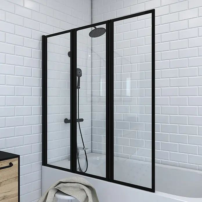 Aurlane Mampara para bañera Triple Black - An x Al: 125 x 143 cm, 3 ud., Negro - Mampara de ducha de tres paneles con marcos negros y vidrio transparente, un complemento elegante para cualquier baño moderno.