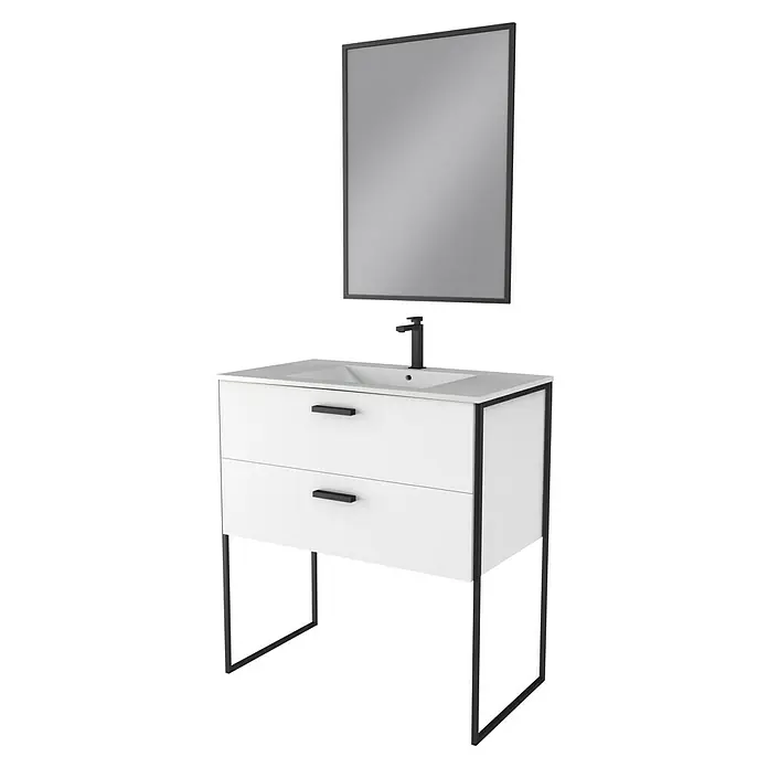 Aurlane Conjunto de mueble de baño Edge Blanc - Blanco/Negro - Elegante conjunto de muebles de baño con cajones blancos, estructura negra y espejo para un aspecto moderno.