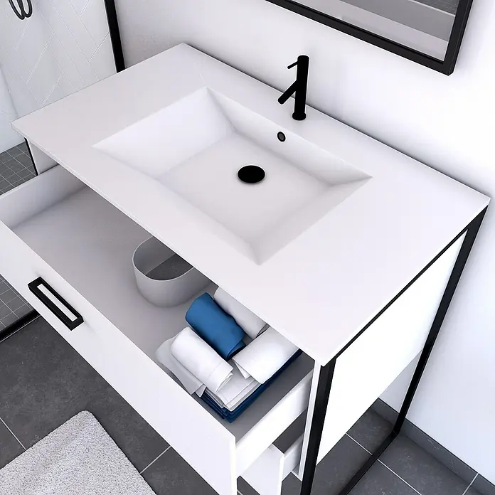 Aurlane Conjunto de mueble de baño Edge Blanc - Blanco/Negro - Mueble de lavabo blanco con cajón abierto y toallas para un diseño de baño elegante.