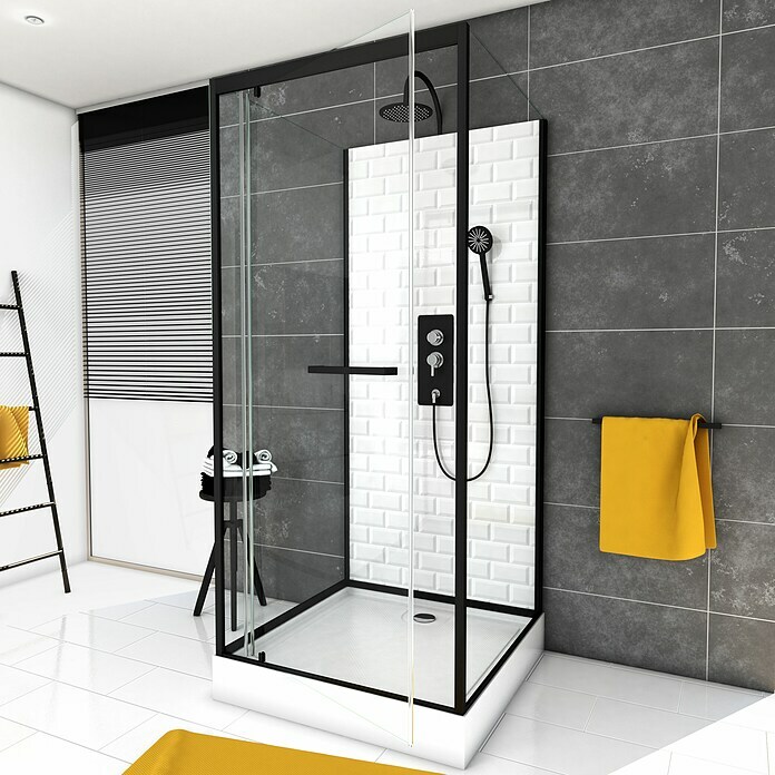Un baño con una cabina de ducha dorada y negra y una gran ventana