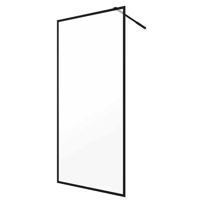 Aurlane Duschwand Factory - B x H: 90 x 200 cm, Beschichtet - Abbildung einer modernen, rahmenlosen Duschwand mit schwarzem Rand und Stabilisierungsarm, die ein minimalistisches Design für Badezimmer zeigt.