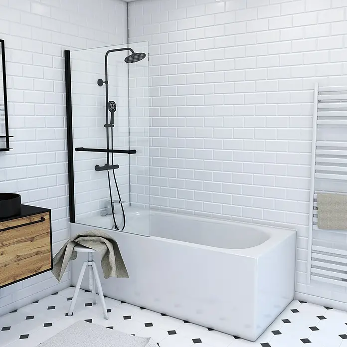 Aurlane Mampara para bañera Prime - An x Al: 85 x 150 cm, 1 ud., Negro - Cuarto de baño moderno con bañera blanca, mampara de ducha negra y elegante mueble de baño. El diseño es minimalista y elegante.
