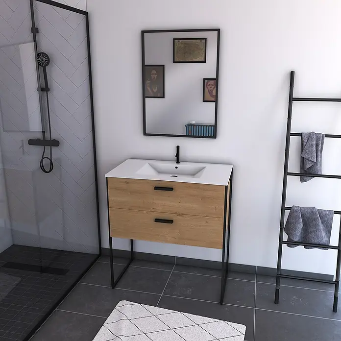 Aurlane Conjunto de mueble de baño Edge Bois - Roble - Un moderno mueble de baño con dos cajones, lavabo blanco, elegante marco negro y accesorios a juego, creando un elegante punto focal.