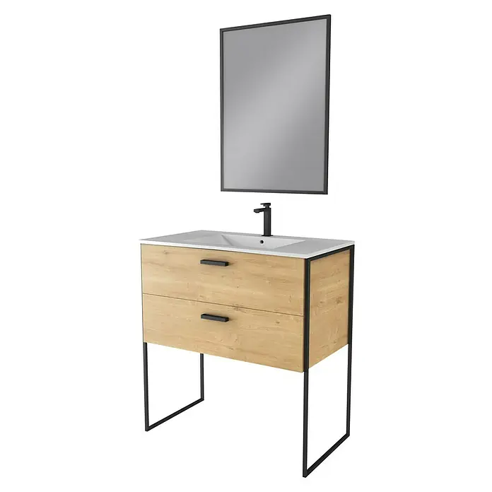 Aurlane Conjunto de mueble de baño Edge Bois - Roble - Mueble de baño moderno con frentes de madera, estructura negra y espejo para una estética de baño elegante.