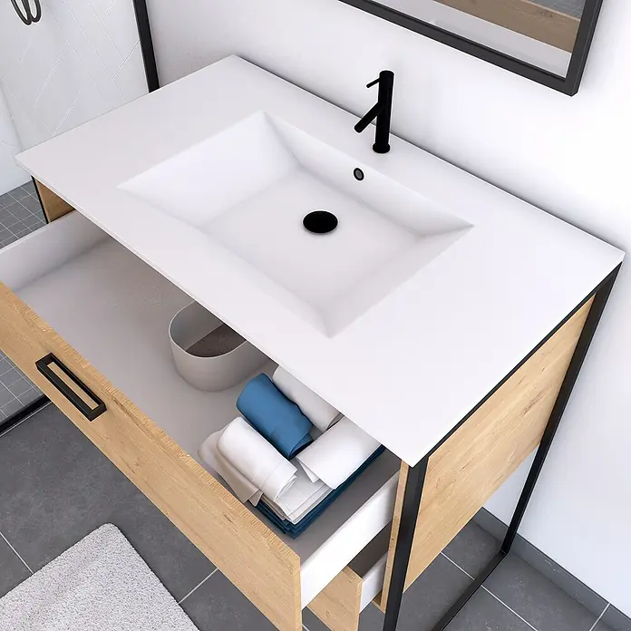 Aurlane Conjunto de mueble de baño Edge Bois - Roble - Moderno mueble de baño con cajón abierto, perfecto para guardar artículos esenciales de baño y toallas. Diseño elegante que se adapta a cualquier baño.