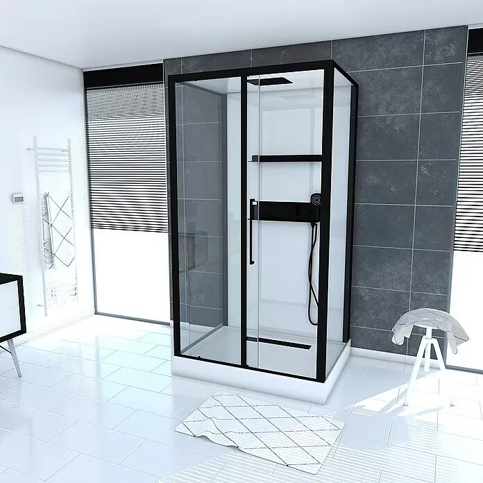 Aurlane Komplettdusche Phantom 3 - 90 x 115 x 217 cm, Weiß/Schwarz - Moderne Duschkabine mit schwarzem Rahmen und klaren Glaspaneelen, in einem zeitgenössischen Badezimmer mit dunkelgrauen Fliesen.