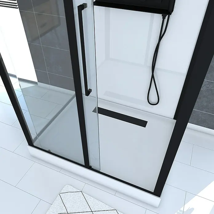 Aurlane Cabina de ducha completa Phantom 3 - 90 x 115 x 217 cm, Blanco/Negro - Imagen de una cabina de ducha moderna con marco negro y paredes de vidrio transparente, que muestra un diseño de baño elegante.