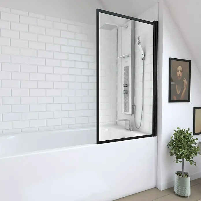 Aurlane Mampara para bañera Black Edge - An x Al: 75 x 130 cm, 1 ud., Negro - Un baño elegante con una bañera con una mampara de ducha con marco negro, que agrega un toque moderno al espacio.