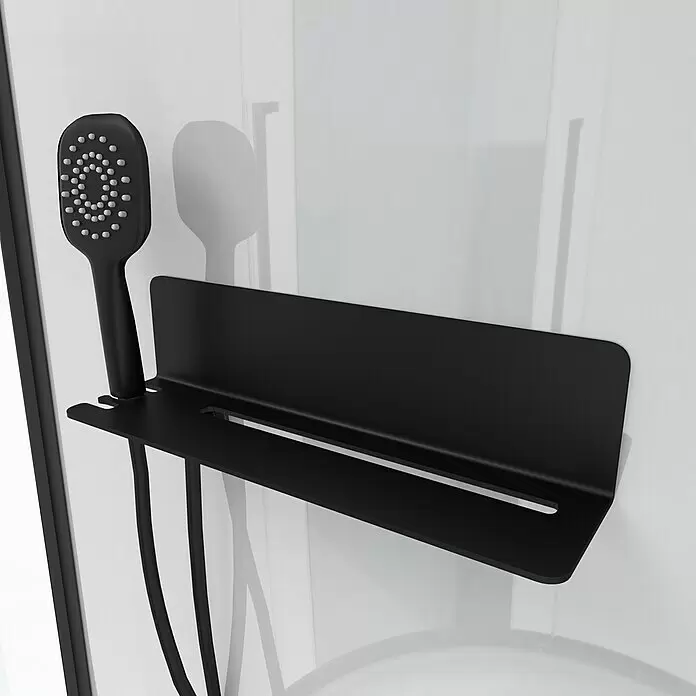 Aurlane Komplettdusche Urban 2 Square - 90 x 90 x 215 cm, Weiß/Schwarz - Mattschwarze Duschablage mit integrierter Brausehalterung und praktischer Ablagefläche.