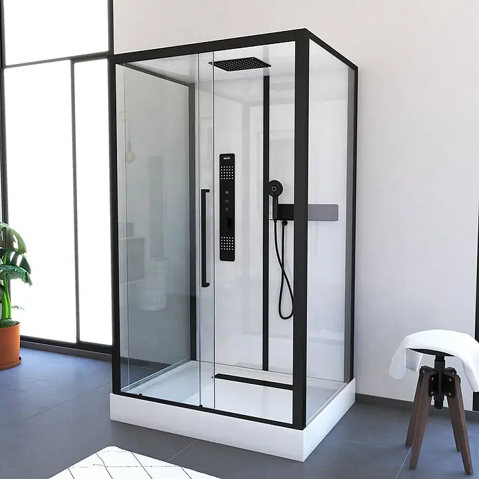 Aurlane Komplettdusche Urban 2 Front - 90 x 115 x 215 cm, Weiß/Schwarz - Ein luxuriöses, schwarzes Duschpaneel mit Glaswänden. Eine moderne Ergänzung für jedes Badezimmer.