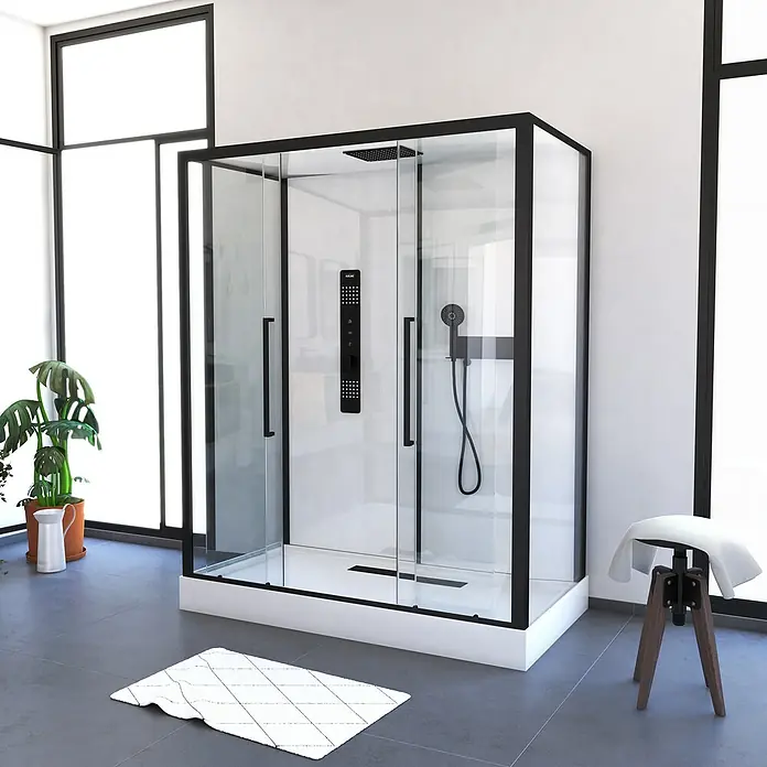 Aurlane Komplettdusche Urban 2 XXL - 85 x 160 x 217 cm, Weiß/Schwarz - Modernes Badezimmer mit einer stilvollen, schwarzen Duschkabine und minimalistischem Design, das eine luxuriöse Atmosphäre schafft.