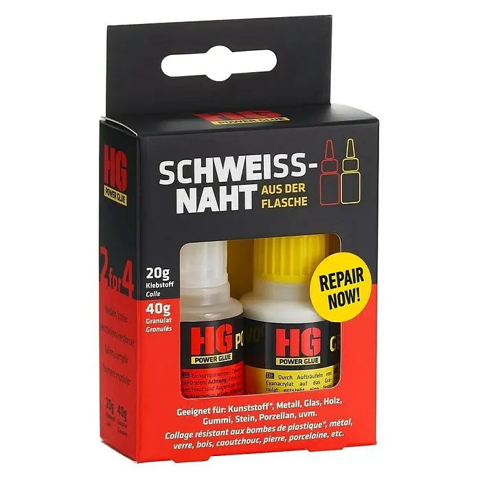 HG Power Glue Kleber-Set Klebstoff und Granulat - 60 g, 2 -tlg., Flasche - Das Bild zeigt eine Packung HG Power Glue Schweißnaht aus der Flasche, ein Klebstoff- und Granulat-Set für Reparaturen.