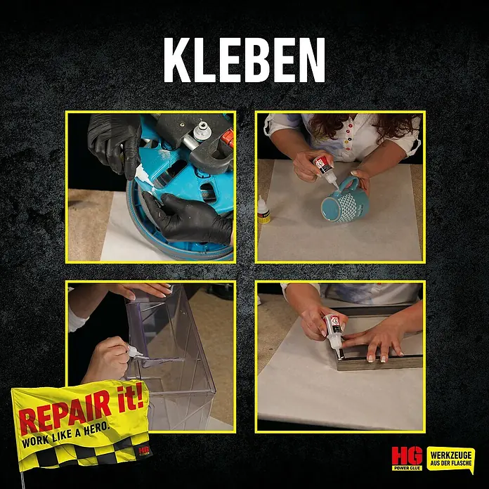 HG Power Glue Kleber-Set Klebstoff und Granulat - 15 g, 2 -tlg., Flasche - Das Bild zeigt das HG Werkzeuge Power Glue Produkt in Aktion, beim Kleben verschiedener Gegenstände.