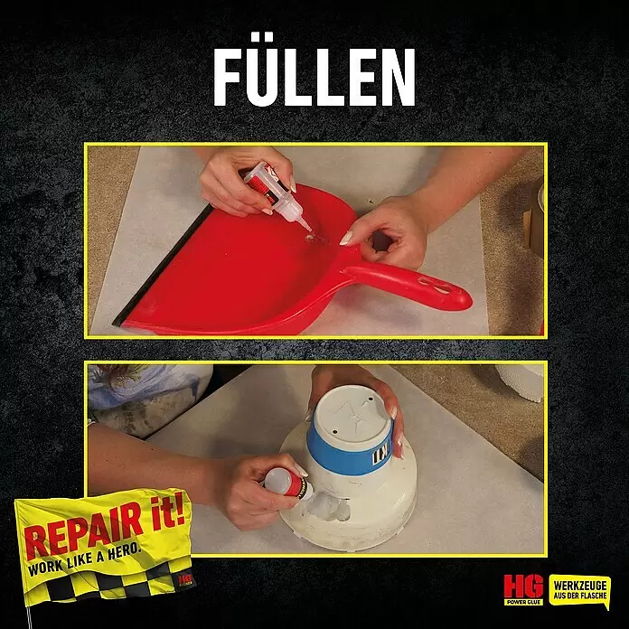 HG Power Glue Kleber-Set Klebstoff und Granulat - 15 g, 2 -tlg., Flasche - Hände tragen HG Power Glue auf, um Löcher und Risse in einer roten Kehrschaufel und einem weißen Behälter zu füllen und zu reparieren.