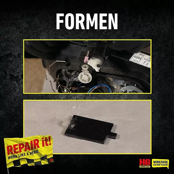 HG Power Glue Kleber-Set Klebstoff und Granulat - 15 g, 2 -tlg., Flasche - Reparatur eines Autoscheinwerfers: Bearbeitung eines beschädigten Teils mit Werkzeug und ein schwarzes Formteil.